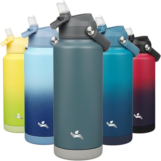 Insulated Water Bottle with Straw Lid,32 oz Stainless Steel Vacuum Metal Bottle with Silicone Handle,Dark Gray-FlexoryFit