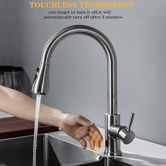 Touchless Kitchen Faucet with Pull Down Sprayer Brushed Nickel Kitchen Faucet Infrared Sensor Kitchen Faucet Touchless Kitchen Sink Faucets Stainless Steel Single Handle Motion Sensor Kitchen Faucet