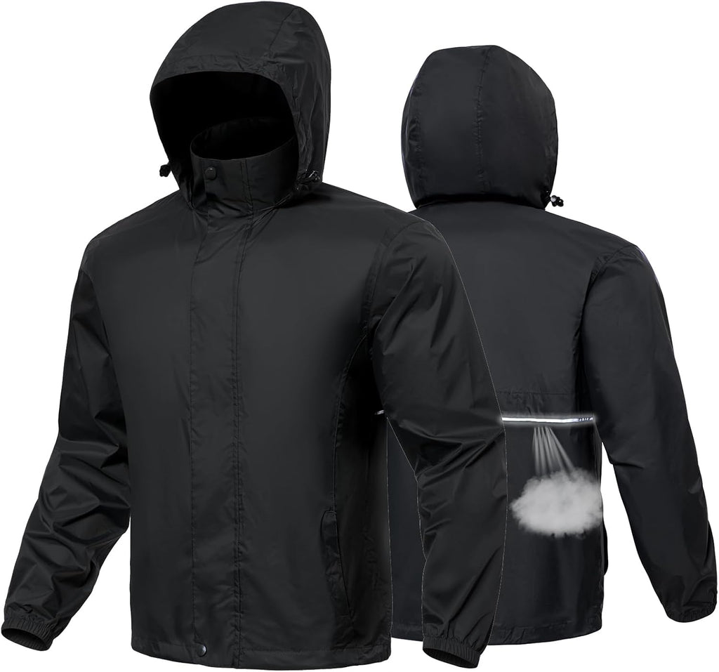 MANSDOUR Men's Packable Rain Jacket Waterproof Lightweight Windbreaker Cycling Golf Hiking Reflective Raincoat with Hood
