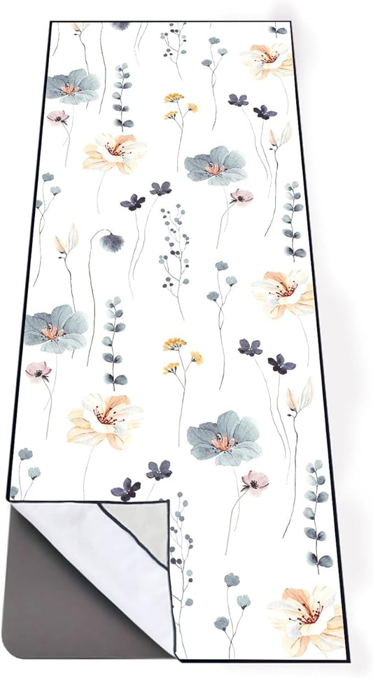 QiyI Floral Yoga Mat Towel with Corner Pockets, Non Slip Sweat Absorbent Hot Yoga Towels, Soft Yoga Blankets with Travel Bag, Mat Cover for Workout, Gym, Fitness - 70"x26", Watercolor Flowers-FlexoryFit