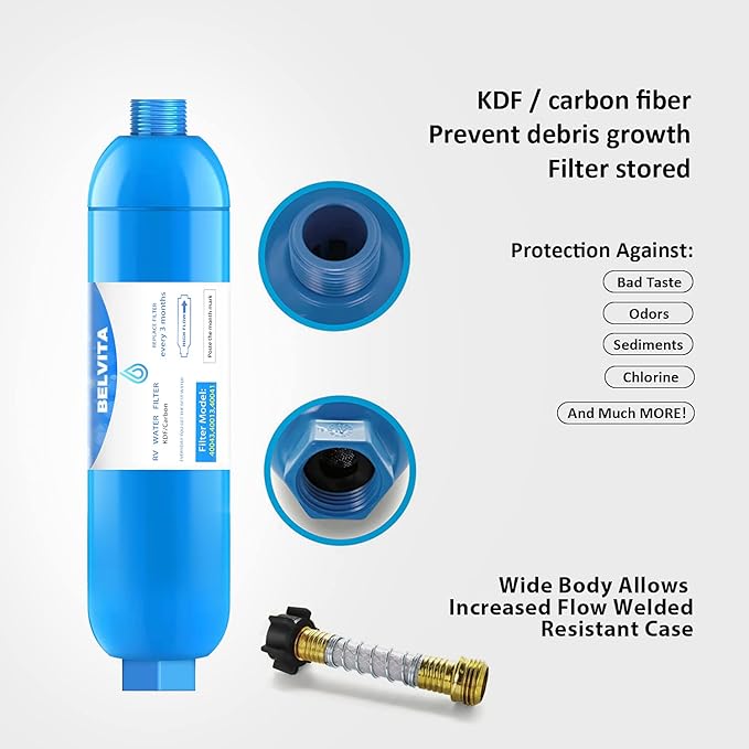 RV inline water filter with Flexible Hose Protector,Dedicated for RVs and Marines,2 pack Drinking,Washing filter,Reduces Lead,Fluoride,Chlorine,Bad Tast,Odor