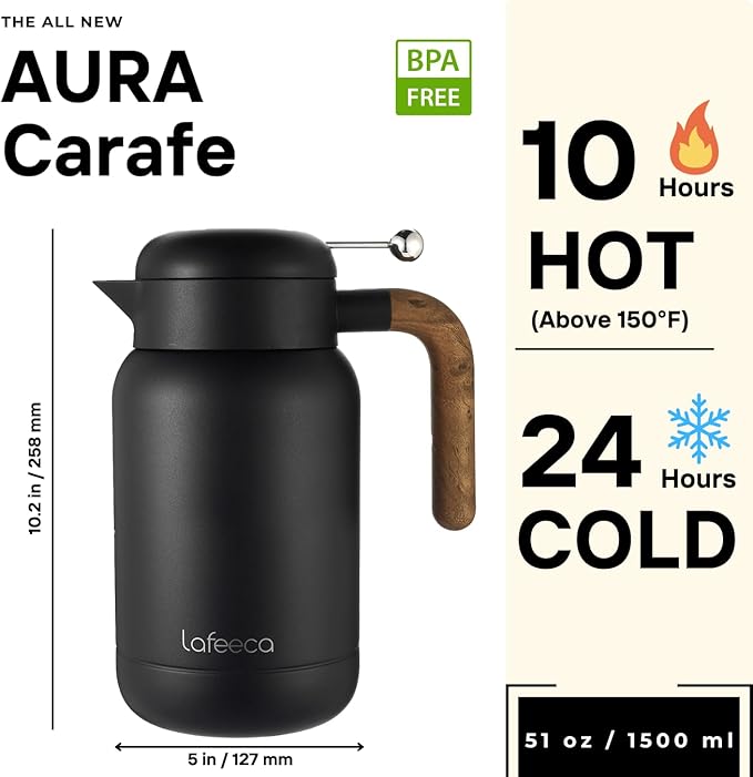 Aura Thermal Coffee Carafe - Vacuum Insulated Stainless Steel Tea Pot & Water Pitcher, Keeps Drinks Hot or Cold, BPA-Free, Beverage Dispenser Thermos - 51 oz Black