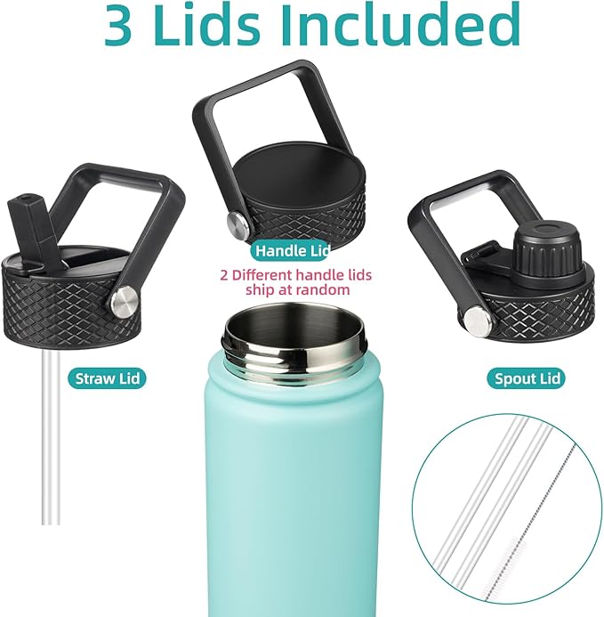 Insulated Water Bottle with Straw,18oz 3 Lids Metal Bottles Stainless Steel Water Flask,Turquoise-FlexoryFit