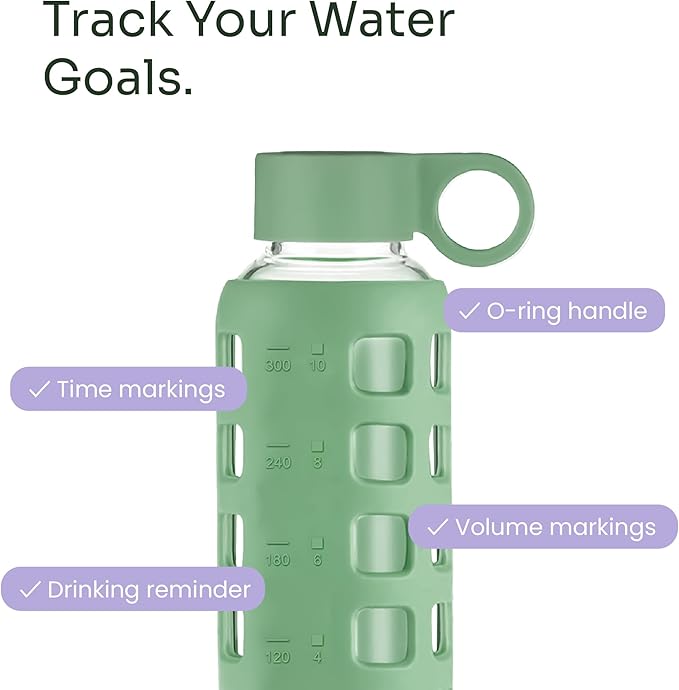 purifyou 40oz / 32oz / 22oz / 12oz Borosilicate Glass Water Bottle with Time & Volume Markers, Silicone Sleeve, Stainless Steel Lid | Reusable Glass Bottle for Water & Juice (12oz Shale Green)