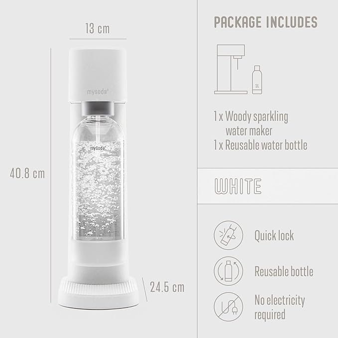 Woody Sparkling Water Maker - Silent Carbonated Water Machine Made of Renewable Wood Composite and 1L Water Bottle - Without CO2 Cylinder - Seltzer Maker Machine - Colour White