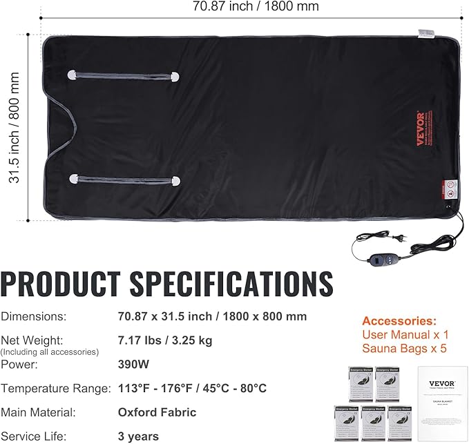 VEVOR Sauna Blanket, Portable Far Infrared Sauna for Home, Oxford Sauna Bag w/Arm Holes & Carbon Fiber Heating, 1-6 Level Adjustable Temp 95-176℉, 5-60 Minutes Timer, 71 x 31 in