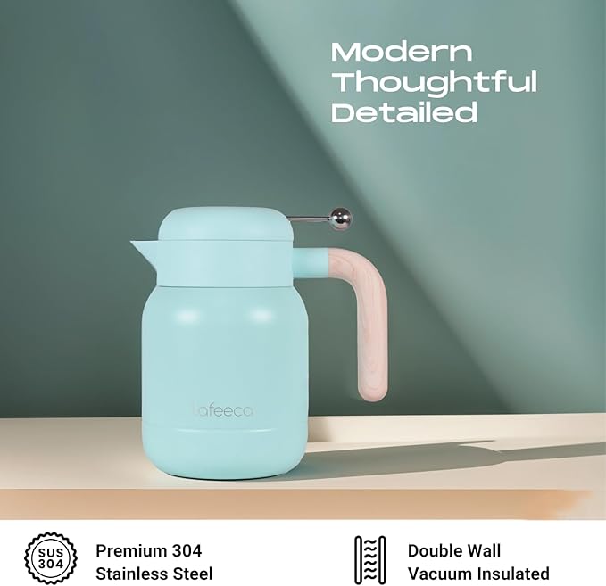 Aura Thermal Coffee Carafe Tea Pot for Keeping Hot & Iced Cold - Vacuum Insulated - Thermos Water Pitcher - Beverage Dispenser - Cool Touch Handle & Lid - BPA Free - 1 Liter - Blue