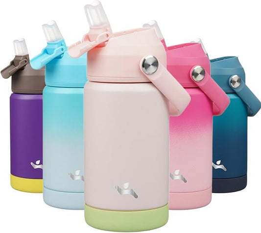 Insulated Water Bottle with Straw Lid,12 oz Stainless Steel Vacuum Metal Bottle with Silicone Handle,Pearl-FlexoryFit