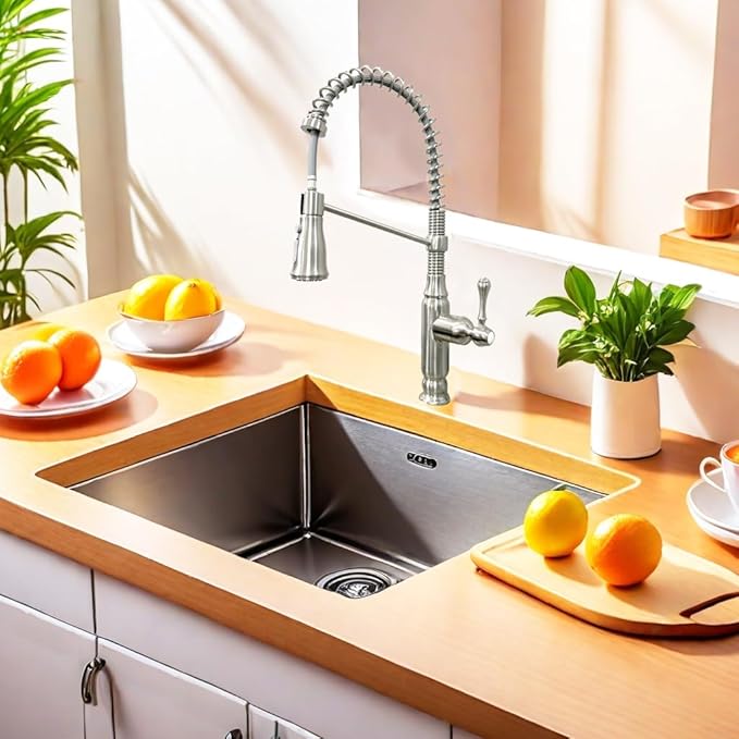 Kitchen Faucet Brushed Nickel, High Arc Spring Single Handle Brass Body 3-Function Kitchen Sink Faucet for Farmhouse Laundry Commercial Modern RV Bar Faucet Kitchen