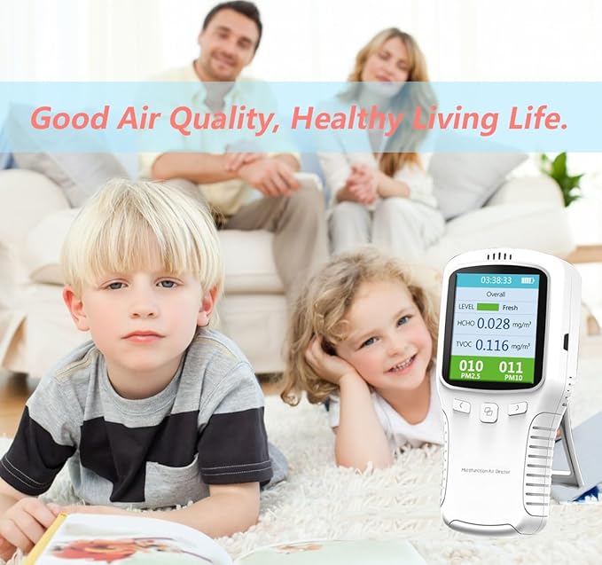 Air Quality Monitor Indoor, 5 in 1 Formaldehyde Detector, voc Meter, Detect Indoor HCHO,TVOC,AQI,PM2.5,PM10. Colorful LCD Screen & USB Charging