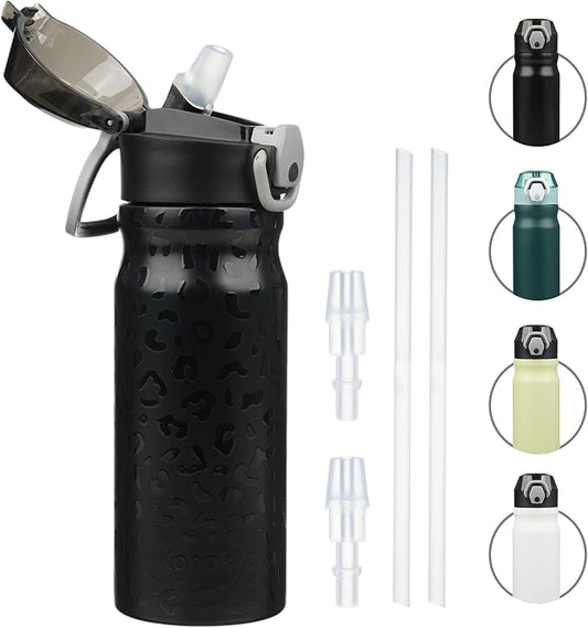 Insulated Water Bottle with Straw and Carry Loop,18 oz Stainless Steel Double Wall Vaccum Metal Water Flask with Leak-proof Lid,Black Leopard-FlexoryFit