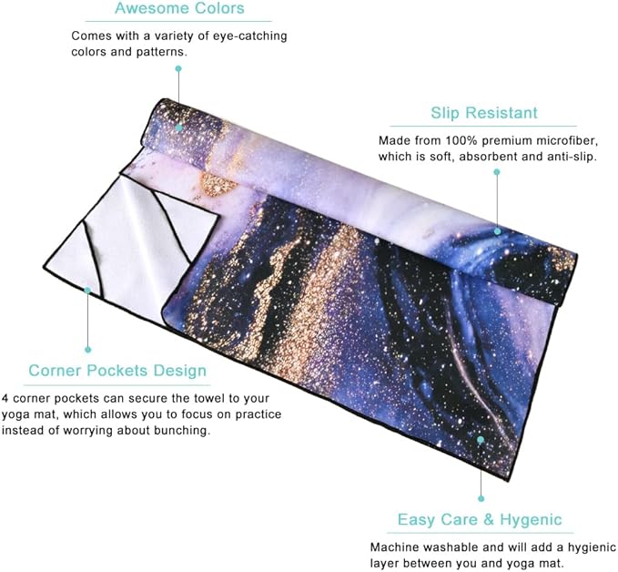 QIYI Large Yoga Mat Towel with Corner Pockets, Non Slip Sweat Absorbent Hot Yoga Towels, Soft Yoga Blankets with Travel Bag, Skidless Mat Cover for Workout, Gym, Fitness - 74"x26", Purple & Pink Grain-FlexoryFit