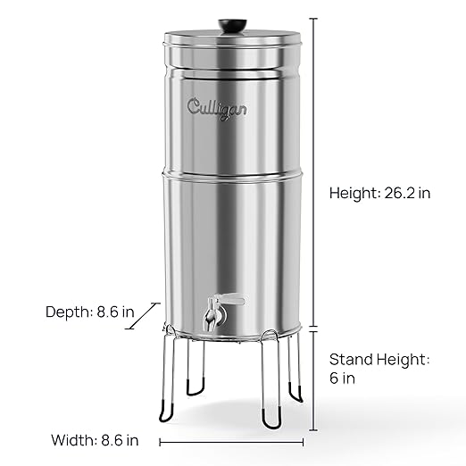 Culligan with MaxClear Technology 2.25 Gallon Gravity Water Filter System, Brushed Countertop Ceramic Water Filter NSF/ANSI Certified to Reduce Lead, Microplastics & Total PFAS, with 1 Filter