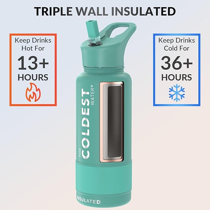 Coldest Insulated Water Bottle with Straw Lid - Stainless Steel Metal Insulated Bottle for Men & Women (Terraform Green, 32 oz)