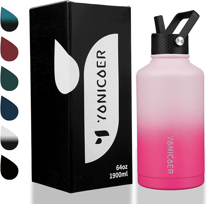 Insulated Water Bottle 64oz,Triple Wall Vacuum Stainless Steel(Dishwasher Safe),Leak Proof & Non-BPA,Flask Jug with Paracord Handle & Straw Spout Lids Sports-FlexoryFit
