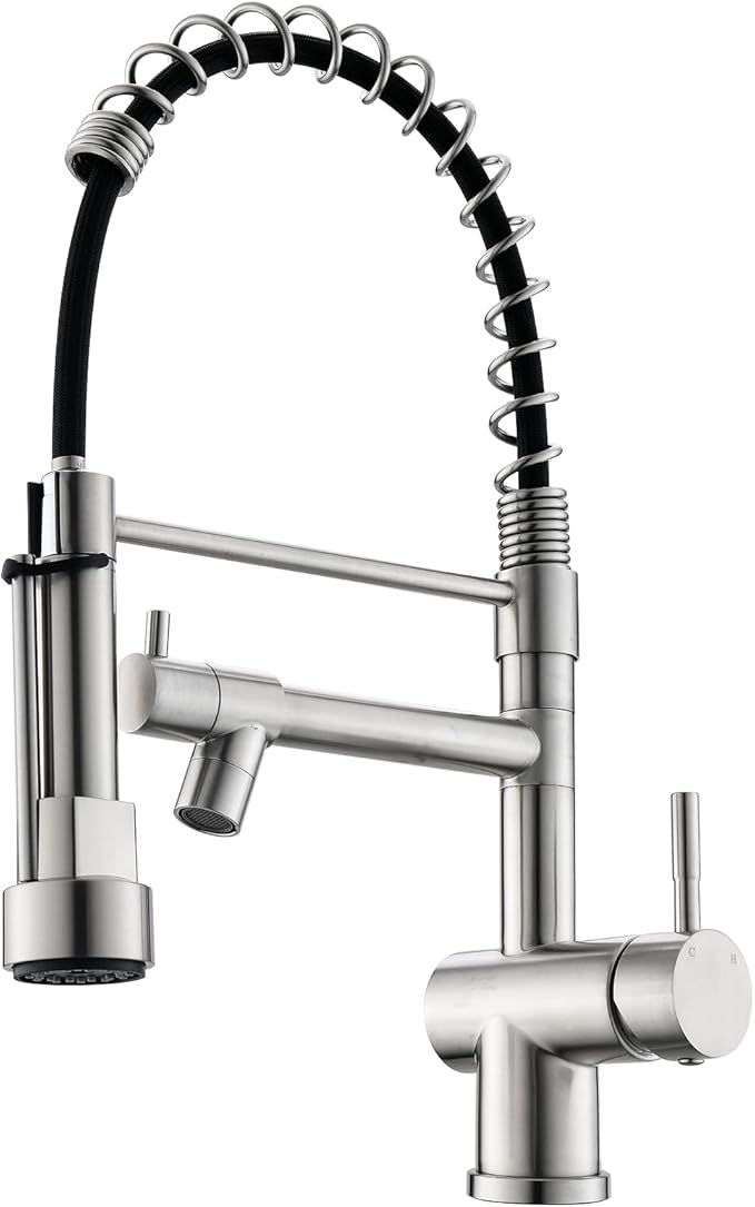 Commercial Kitchen Faucet, VFAUOSIT Kitchen Faucet with Pull Down Sprayer, Single Handle Kitchen Sink Faucet with Pot Filler, Brushed Nickel Stainless Steel Spring Sink Faucet