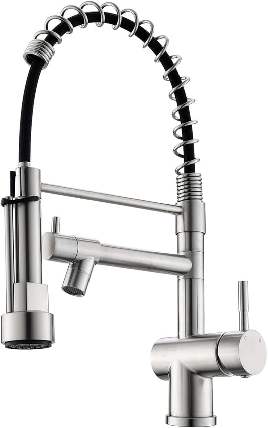 Commercial Kitchen Faucet, VFAUOSIT Kitchen Faucet with Pull Down Sprayer, Single Handle Kitchen Sink Faucet with Pot Filler, Brushed Nickel Stainless Steel Spring Sink Faucet