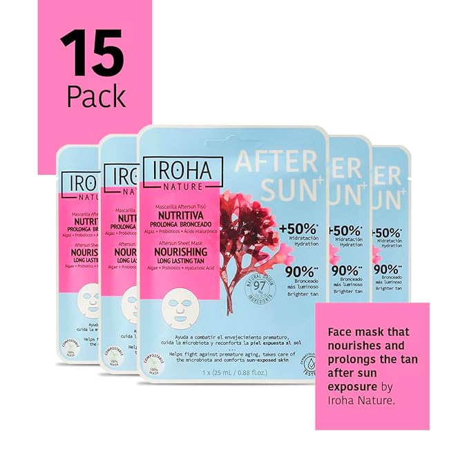IROHA NATURE AFTERSUN Facial Mask that Nourishes & Prolongs Tan | 15 Pack | With Algae, Probiotics & Hyaluronic Acid | More Hydrated, Strengthened & Glowing Skin | Anti-Aging-FlexoryFit
