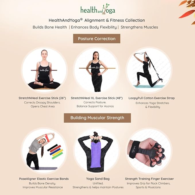HealthAndYoga™ StretchNHeal Collapsible Multi-Use Wooden Yoga Stick - Regular and XL - Portable Posture Corrector Pole, Stretch Mobility Stick, Physical Workout Exercise Dowel-FlexoryFit