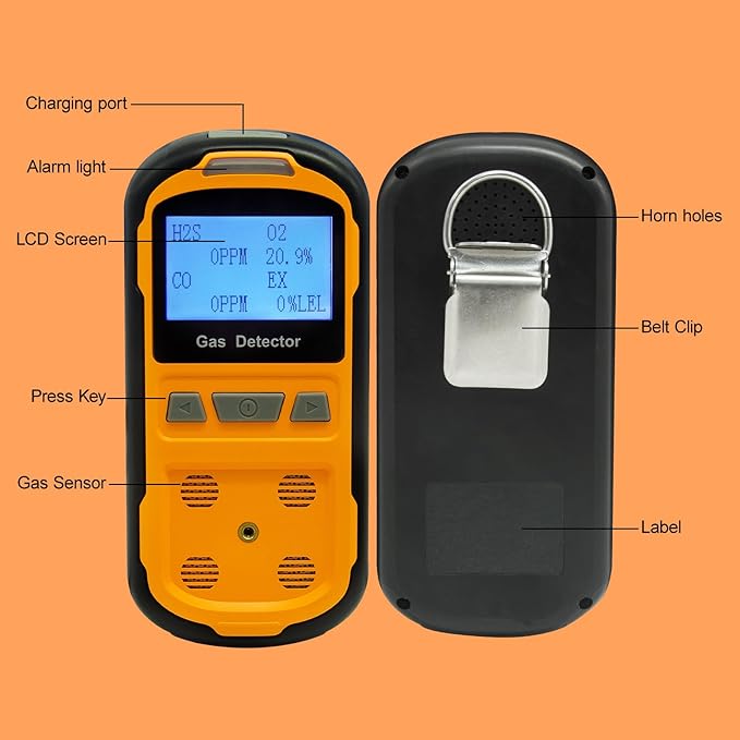 Upgraded 4 Gas Monitor Multi Gas Detector, Yfwsrecinoe Gas Leak Detector, Rechargeable 4 Gas Monitor Ex H2s Co O2 with LCD Multiple Indicator (Orange)
