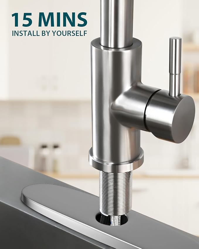 Kitchen Sink Faucet with Pull Down Sprayer with Deck Plate, Brushed Nickel High ArcFaucet, Stainless Steel Modern RV Bar Sink Faucets for Pot Filler, Farmhouse Camper Bar Laundry Room