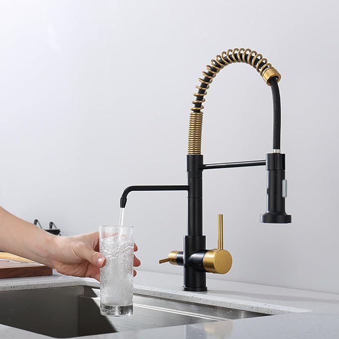 3 Way Kitchen Faucet, Drinking Water Faucet, Filter Kitchen Faucet for Water Filtration System, 3 in 1 Commercial Style Pull-Down 2 Handles, Black and Brushed Gold