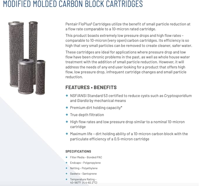 Pentair Pentek FloPlus-20 Carbon Water Filter, 20-Inch, Whole House Modified Molded Carbon Block Replacement Cartridge, 20" x 2.5", 0.5 Micron