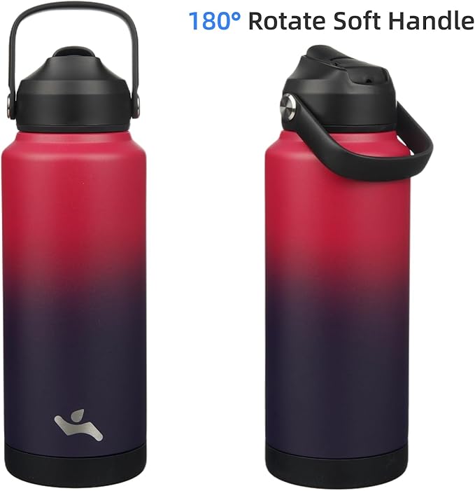 Insulated Water Bottle with Straw Lid,32 oz Stainless Steel Vacuum Metal Bottle with Silicone Handle,Rosy Red-FlexoryFit