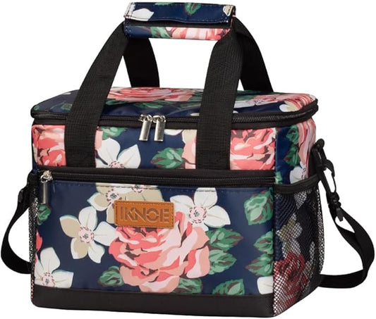 iknoe Large Foldable Cooler Bag, 8.5L Insulated Lunch Bag, Leakproof Lunch Cooler Tote with Multi-Bag Design Suitable for Beach, Picnic and Office Use, Flower 15-Can-FlexoryFit