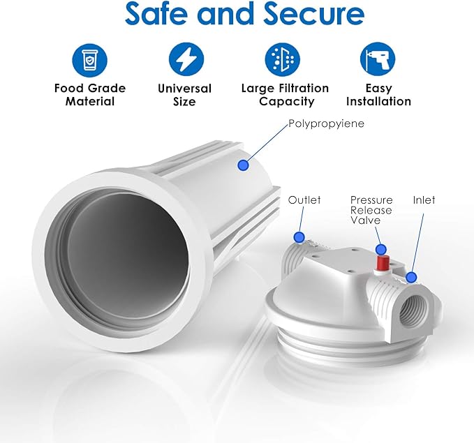 SimPure Whole House Water Filter Housing, Inline Water Filter for Home, Universal 10 inch Sediment Filter with 3/4 NPT Inlet and Outlet, Heavy Duty Steel Bracket, 4 Screws, Wrench