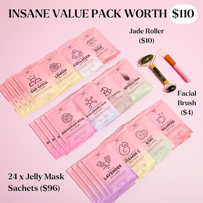 Jelly Mask for Facials - 24 Flavors Hydrating & Brightening Jelly Face Masks | Free Jade Roller & Spatula | Bulgarian Rose, Lavender, Hyaluronic Acid, 24K Gold face mask skin care |Vajacial Jelly Mask-FlexoryFit