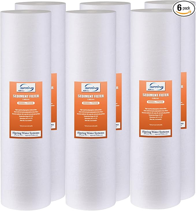 iSpring FP25BX6 High Capacity 20” x 4.5” Water Replacement Cartridges Fine Sediment Filters, 6 pieces / 5 microns, White, 6 Count