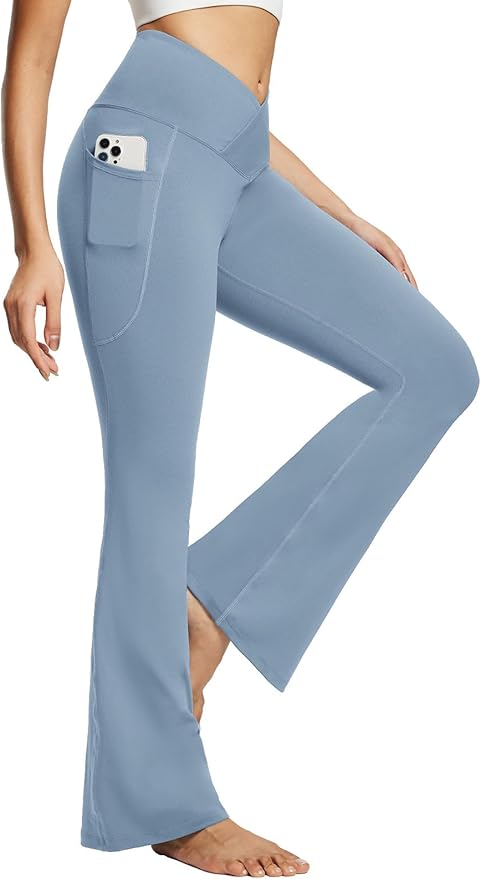 baleaf Women's V Crossover Flare Leggings with Pockets Yoga Pants High Waist Casual Workout Gym Bell Bottom Leggings-FlexoryFit