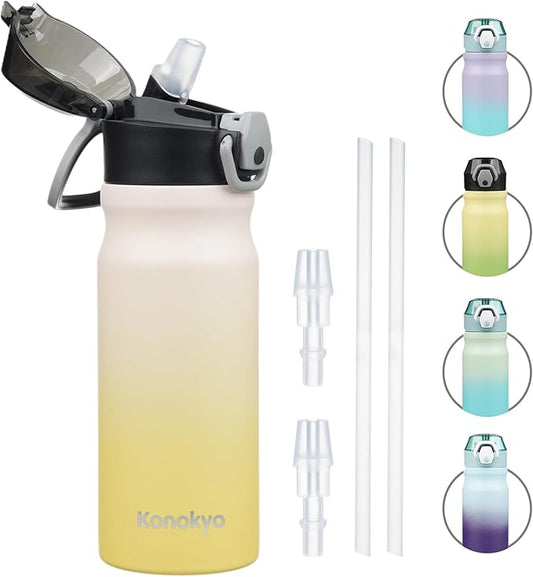 Insulated Water Bottle with Straw and Carry Loop,18 oz Stainless Steel Double Wall Vaccum Metal Water Flask with Leak-proof Lid,Lemon-FlexoryFit