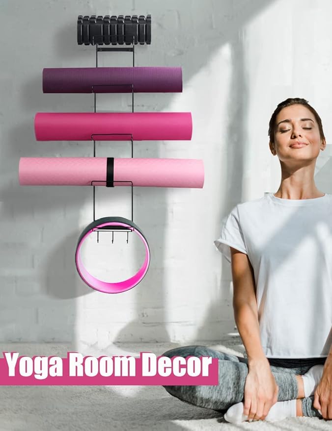 MRZZATA 5-Tiers Yoga Mat Holder Wall Mount, Metal Storage Rack for Mats/Wheels, Foam Roller and Block, Wall Rack with 3-Hooks for Hanging Stretching Strap, Resistance Bands, Yoga Accessories-FlexoryFit