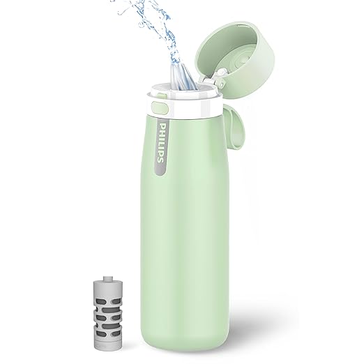 PHILIPS Water Bottle with Filter, Filter Water Bottle Stainless Steel with GoZero Everyday BPA-Free Tap Water Filter, Water Filter Bottle Keep Drink Cold 24 Hours, 1 Filter for 40 gal / 2 Months