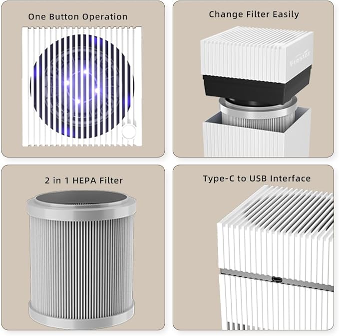 Desktop USB Air Purifiers for Office, Desk, Small Room, Bedroom, Home, Office, HEPA Air Purifier for Pollen Dust Odor, No Adapter (Black)