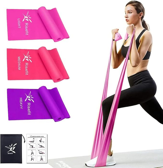 Therapy Flat Resistance Bands Set, Latex Free Flat Elastic Exercise Stretch Bands for Stretching, Flexibility, Pilates, Yoga, Ballet, Gymnastics, Rehab, Workout, Pink, Purple, Blue (3 Pack, 5 FT long)-FlexoryFit
