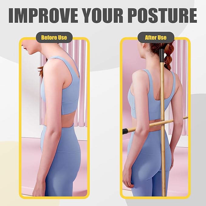 Bamboo Stretch Yoga Stick, 5ft/149 cm, Flexibility Stick for Physical Therapy, Premium Yoga Dowel with Super Sturdy Rubber Handle Ends, Exercise Bar for Posture Corrector-FlexoryFit