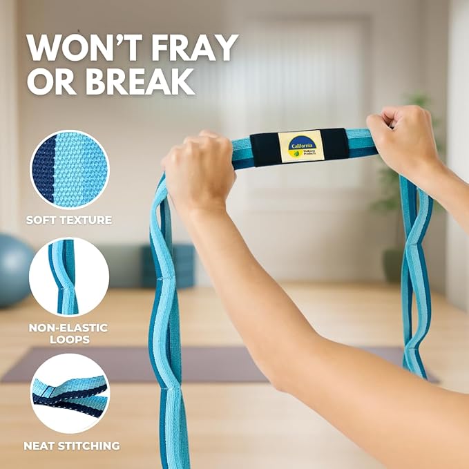 California Yoga Strap | Yoga Belt with Loops | 12 Multi Loop & Non-Elastic | Stretching Strap | Gym Workout & Exercise Bands | Physical Therapy | Improves Sitting Posture for Women & Men-FlexoryFit
