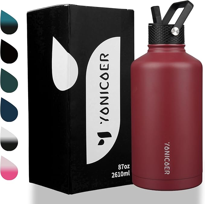 Insulated Water Bottle 64oz,Triple Wall Vacuum Stainless Steel(Dishwasher Safe),Leak Proof & Non-BPA,Flask Jug with Paracord Handle & Straw Spout Lids Sports-FlexoryFit