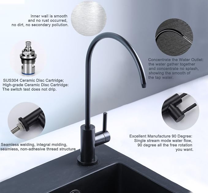 ESOW Kitchen Water Filter Faucet, 100% Lead-Free Drinking Water Faucet Fits Most Reverse Osmosis Units or Water Filtration System in Non-Air Gap, Stainless Steel 304 Body Matte Black Finish