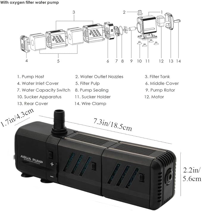 MQ 210GPH Submersible Water Pump (800L/H, 8W) with Filters and Water Nozzles, Ultra Quiet for Aquarium, Fish Tank, Pond, Fountain, Hydroponics