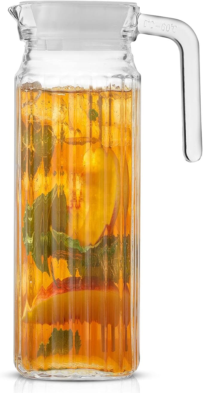 40oz Glass Pitcher with Lid (2 Lids) - Beverage Serveware, Storage Container and Carafe for Cold Drinks and Liquids. Glass Water Pitcher also for Juice, Bedside Carafe, Sun Tea Jar