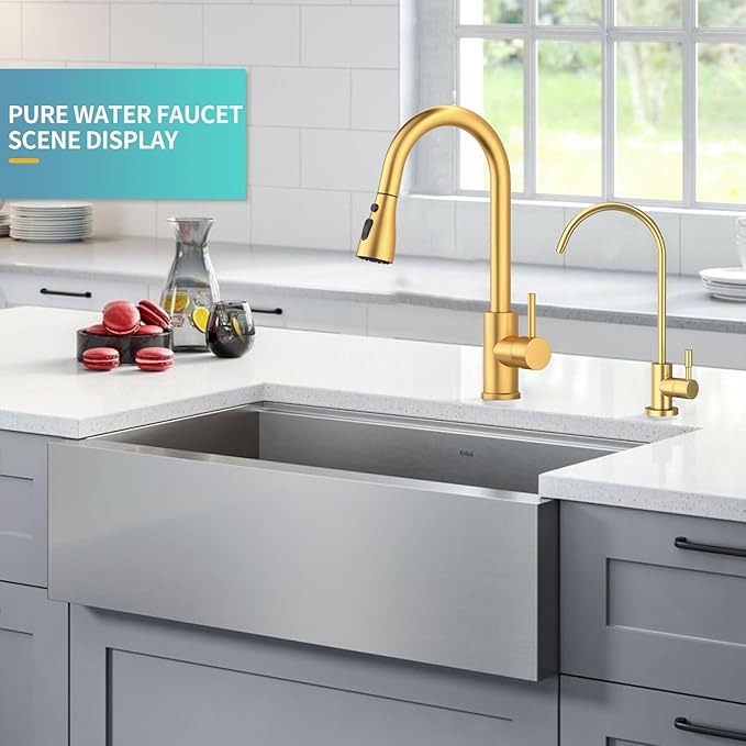 Kitchen Sink Faucet with Pull - Down Sprayer, 2 - Handle 3 - in - 1 Kitchen Sink Filter Faucet, Cold and Hot Mixer Drinking Water Faucet (Gold)