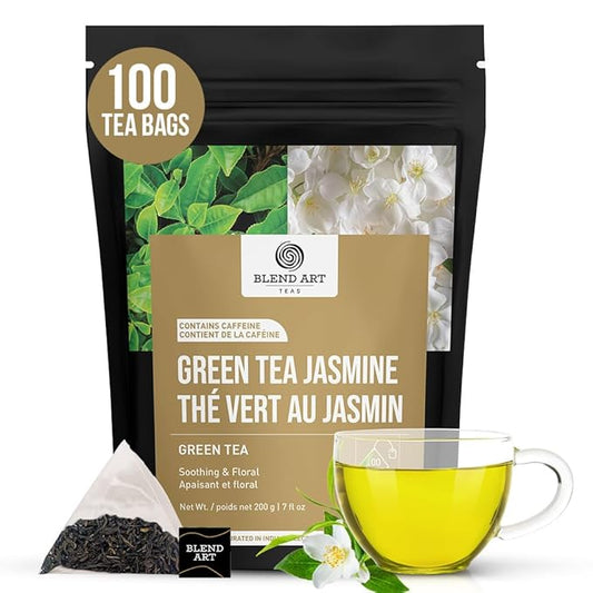 Jasmine Green Tea Bags, 100 Counts, Mountain Loose Leaf Green Tea, Flavored, Delightful Aroma, Sugar Free, 100% Natural Gluten Free, Medium Caffeine Brew As Hot, Cold Or Iced Tea-FlexoryFit