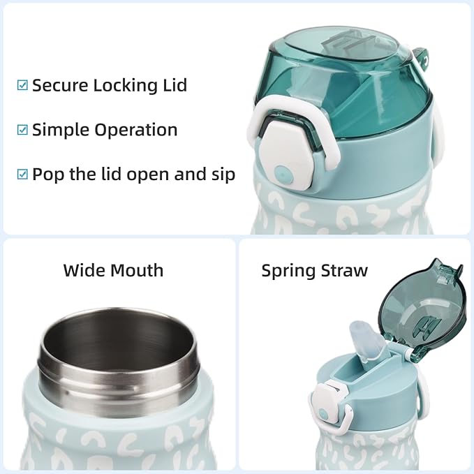Insulated Water Bottle with Straw and Carry Loop,18 oz Stainless Steel Double Wall Vaccum Metal Water Flask with Leak-proof Lid,Light Blue Leopard-FlexoryFit