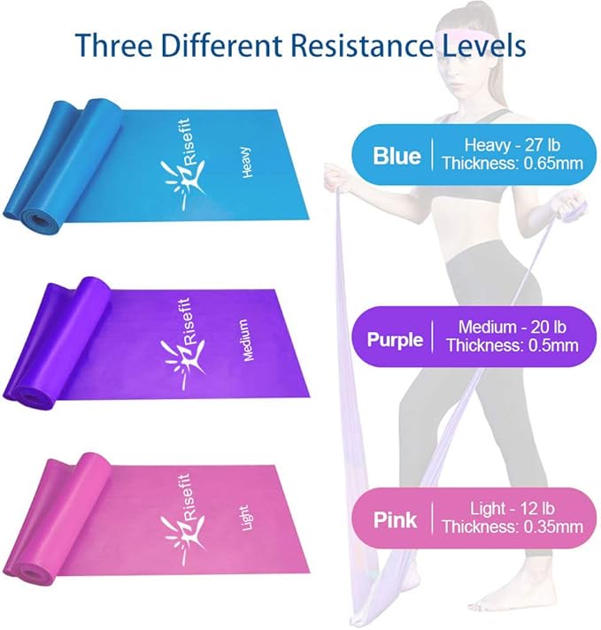Therapy Flat Resistance Bands Set, Latex Free Flat Elastic Exercise Stretch Bands for Stretching, Flexibility, Pilates, Yoga, Ballet, Gymnastics, Rehab, Workout, Pink, Purple, Blue (3 Pack, 5 FT long)-FlexoryFit