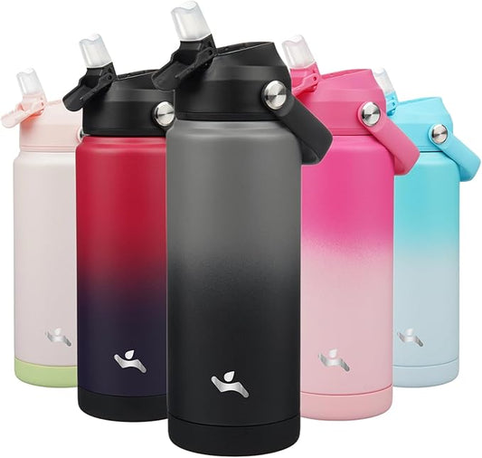 Insulated Water Bottle with Straw Lid,24 oz Stainless Steel Vacuum Metal Bottle with Silicone Handle,Gray Black-FlexoryFit