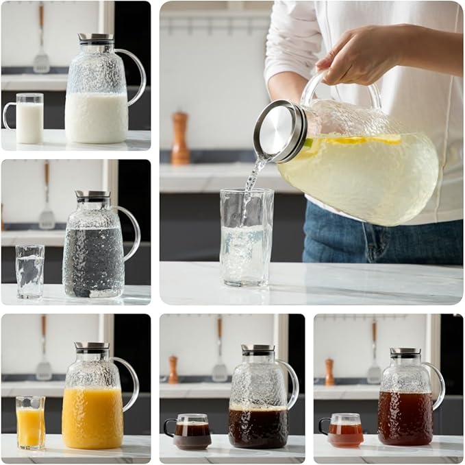 Purefold Glass Pitcher, 110 oz Water Large Pitcher with Lid, Heat Resistant Borosilicate Jug for Iced Tea, Juice, Milk, Cold or Hot Beveragesr Easy Clean